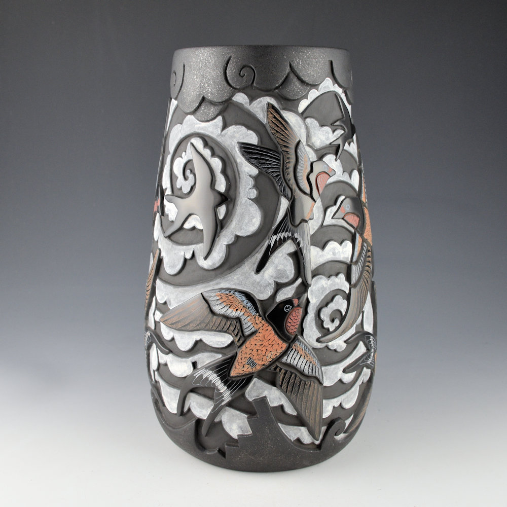 Tafoya, Jennifer & Chris Youngblood - 10" Tall "Circling the Clouds" Jar with Sparrows and Clouds - Image 6