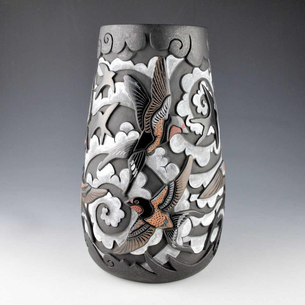 Tafoya, Jennifer & Chris Youngblood - 10" Tall "Circling the Clouds" Jar with Sparrows and Clouds - Image 7