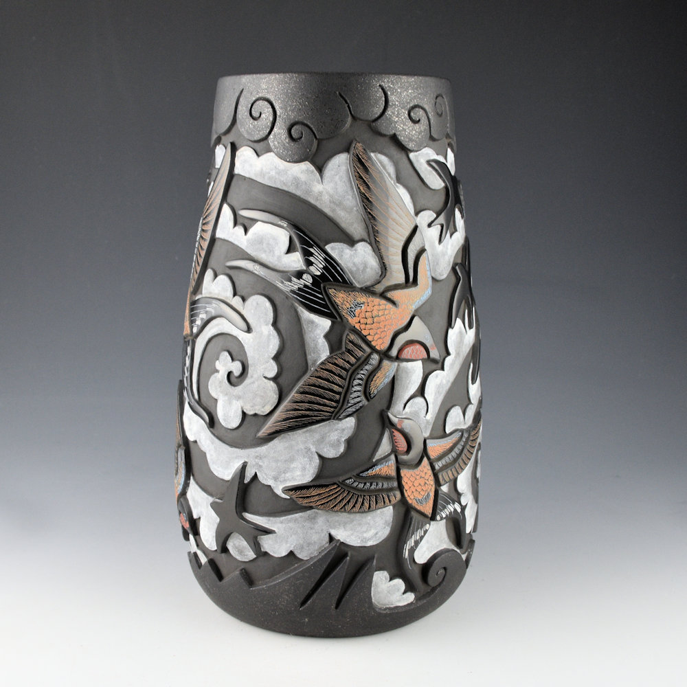 Tafoya, Jennifer & Chris Youngblood - 10" Tall "Circling the Clouds" Jar with Sparrows and Clouds - Image 3