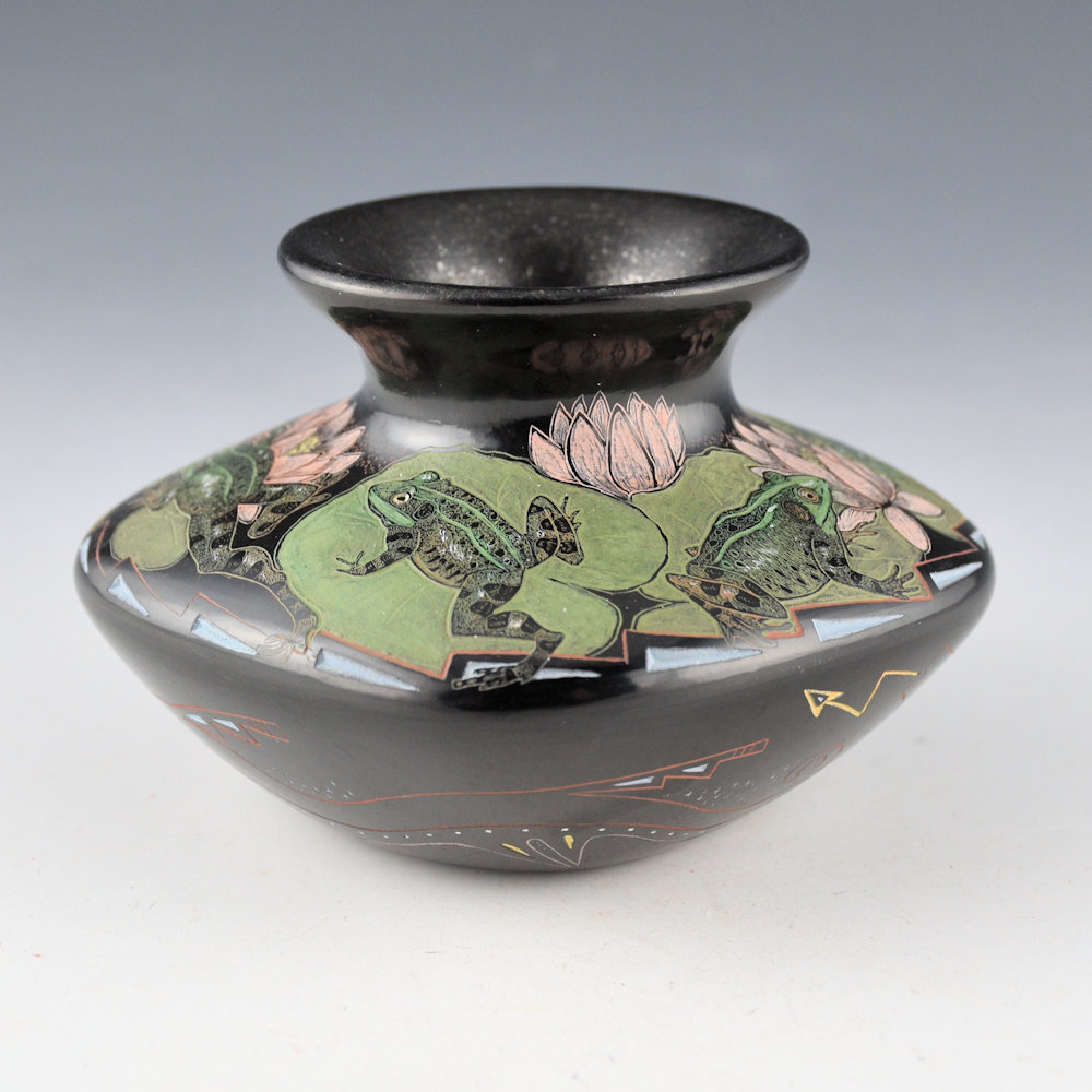 Tafoya, Jennifer - "Lillypad Leapers" Jar with Frogs, Lillypads, and Avanyu - Image 4