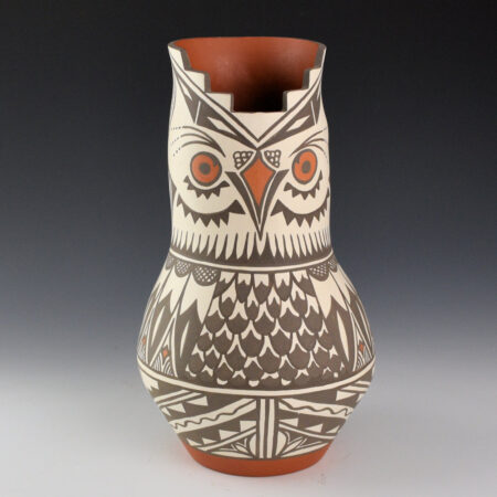Montoya, John - 9" Tall Sandia Pueblo Jar with Owl and Katsina Figure (1998)