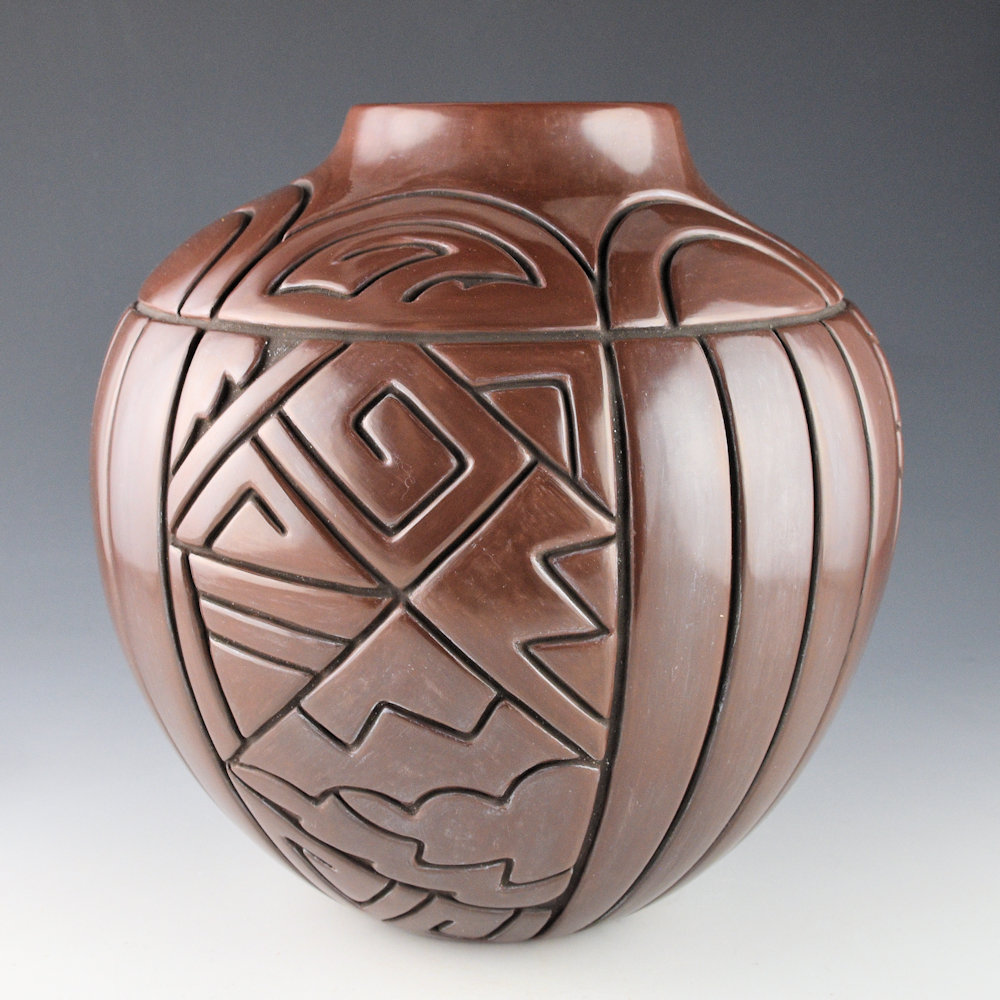 Tafoya-Sanchez, Linda - 9" Tall Plum-and-Black Storage Jar with Rainbows and Clouds - Image 4