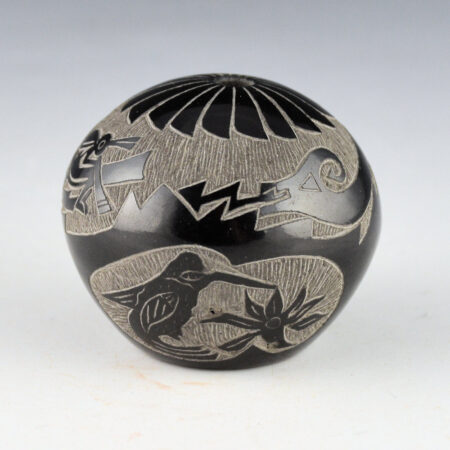 Tapia, Mae - Black Seedpot with Feather Pattern, Avanyu, and Hummingbird (1980s)