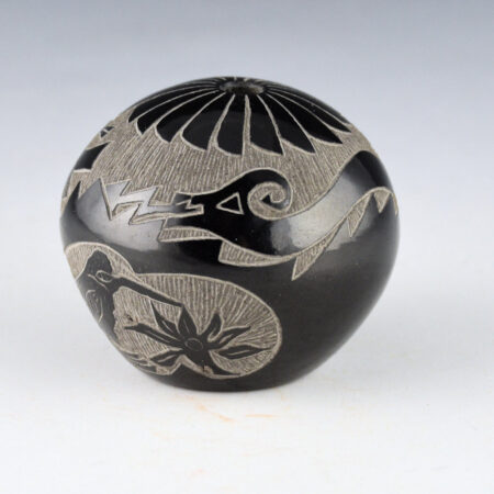 Alternative view of Tapia, Mae - Black Seedpot with Feather Pattern, Avanyu, and Hummingbird (1980s)