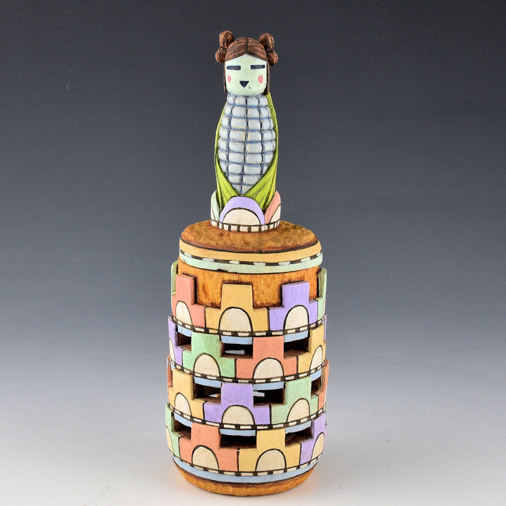 Honyouti, Mavasta - "Blue Corn Maiden" Lidded Katsina Cottonwood Carving