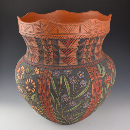 Zane Smith, Richard - 15" Tall Corrugated Iroquois Style Jar with Flower Designs