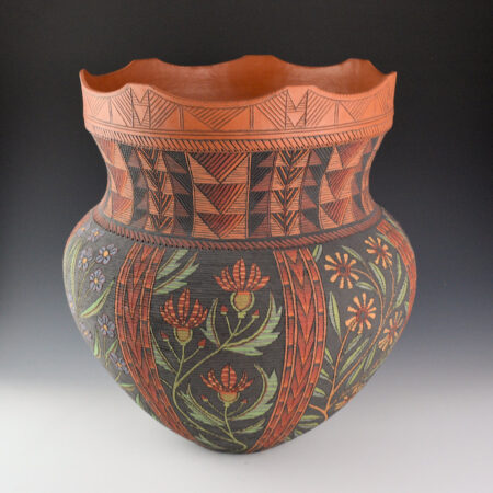 Alternative view of Zane Smith, Richard - 15" Tall Corrugated Iroquois Style Jar with Flower Designs