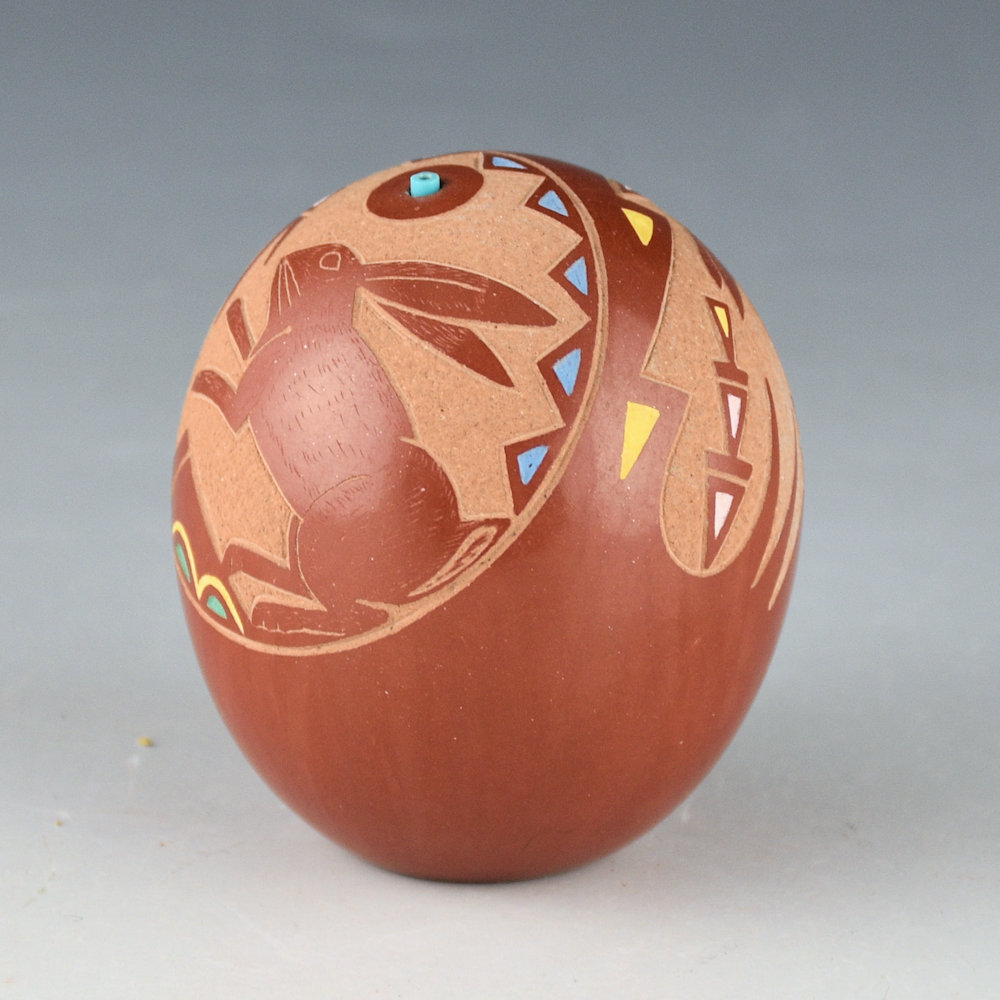 Tafoya, Ray - Tall Multi-Color Seedpot with Rabbits and Turquoise (1983) - Image 4