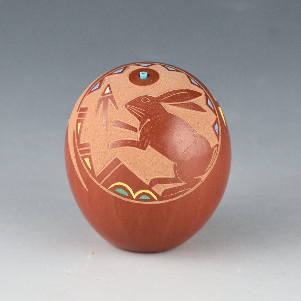 Tafoya, Ray - Tall Multi-Color Seedpot with Rabbits and Turquoise (1983)