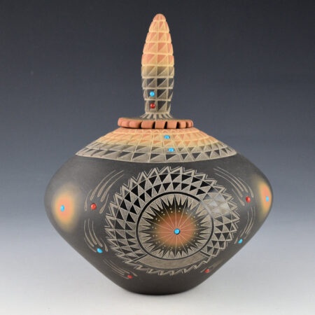 Alternative view of Suazo, Ron - Black and Sienna Jar with Stones and Corn Lid (1990s)