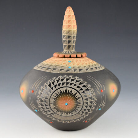 Suazo, Ron - Black and Sienna Jar with Stones and Corn Lid (1990s)