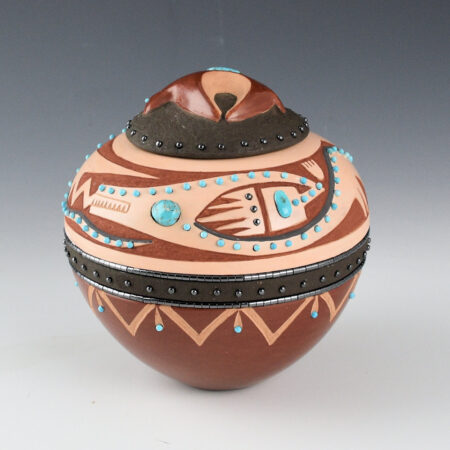 Sanchez, Russell  - Polychrome Bowl with Avanyu, Carved Bear Lid, and 170 Inset Stones