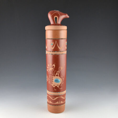 Sanchez, Russell  - 12" Tall Red and Tan Cylindrical Jar with Birds and Heartline Bear Lid (2015)