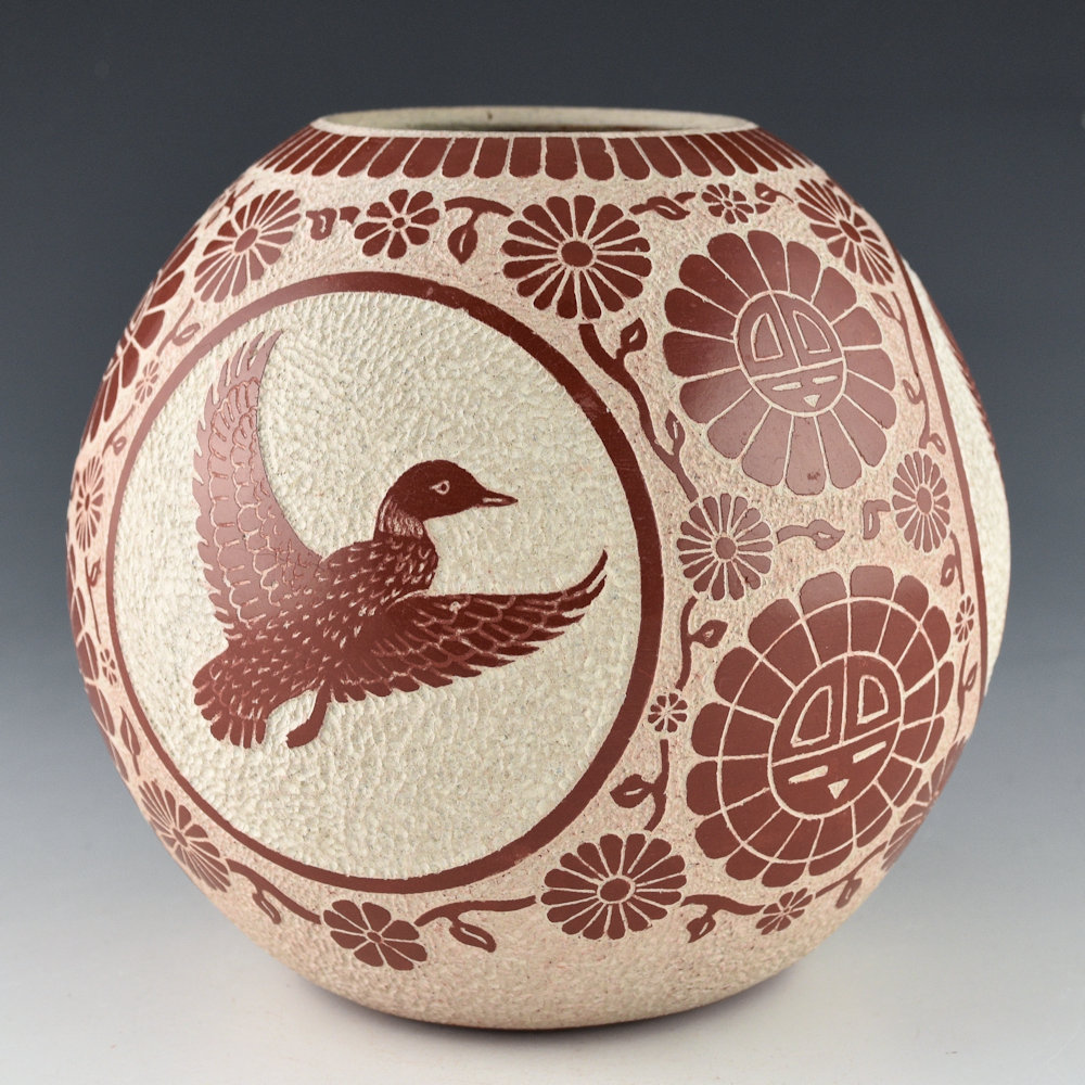 Polacca, Thomas - Round Red Polished Bowl with Eight Tewa Suns and Four Ducks (1976) - Image 4