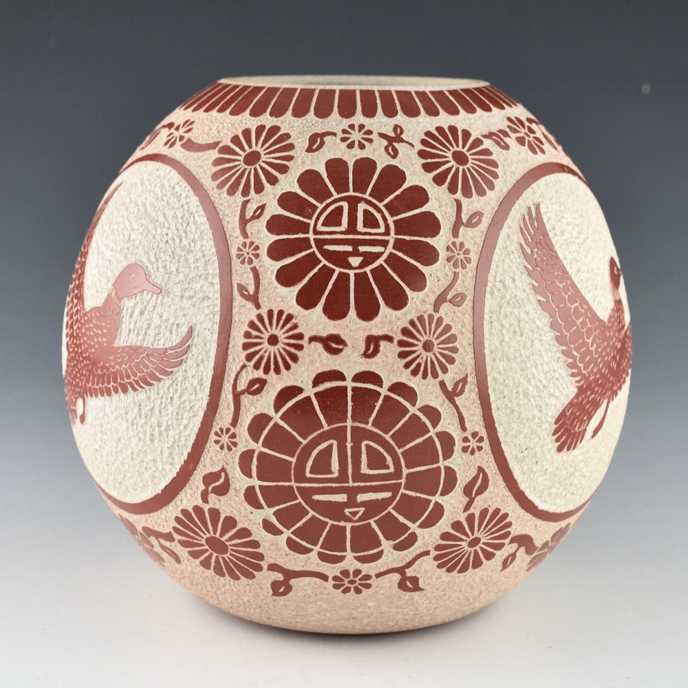 Polacca, Thomas - Round Red Polished Bowl with Eight Tewa Suns and Four Ducks (1976) - Image 3