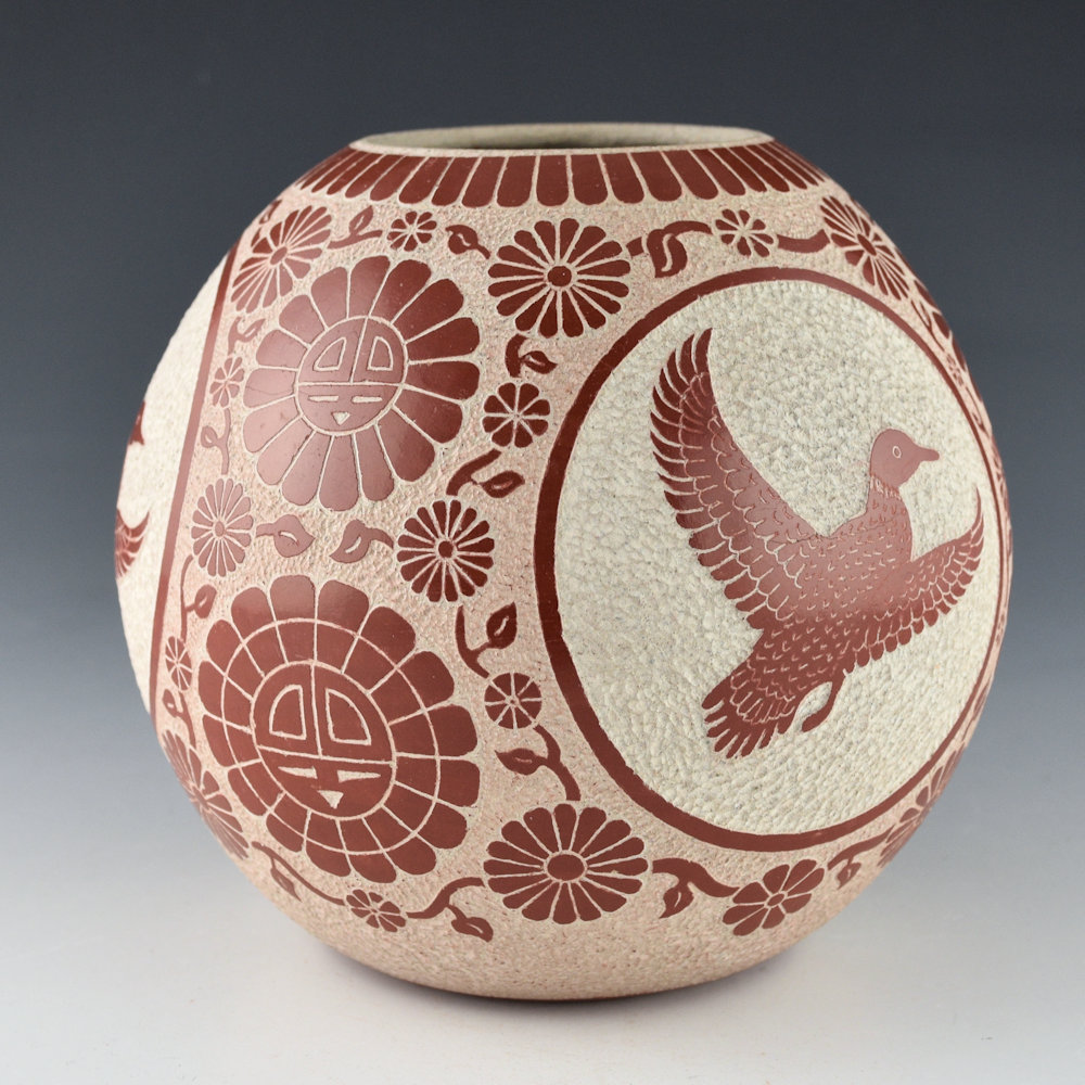 Polacca, Thomas - Round Red Polished Bowl with Eight Tewa Suns and Four Ducks (1976) - Image 2