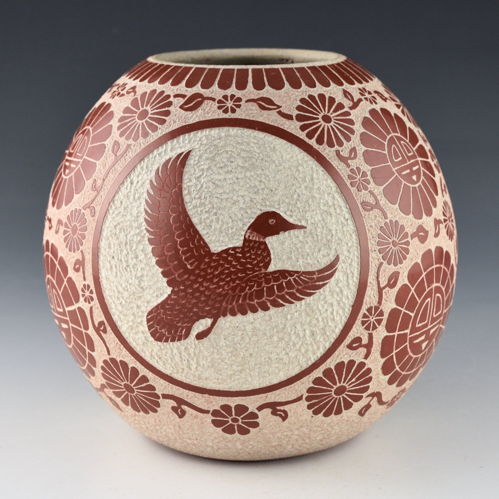 Polacca, Thomas - Round Red Polished Bowl with Eight Tewa Suns and Four Ducks (1976)