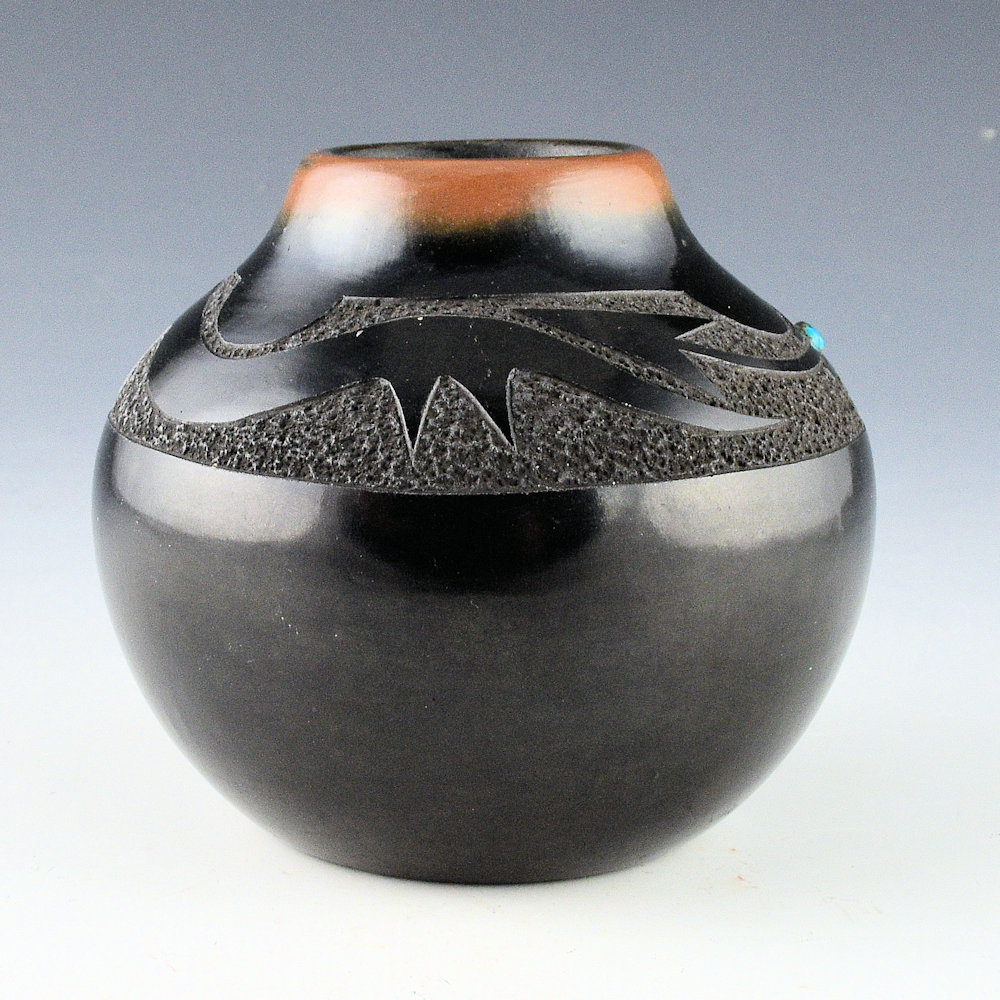 Tse-Pe & Dora - Black & Sienna Jar with Avanyu and Turquoise (1973) - Image 2
