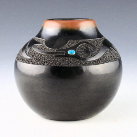 Tse-Pe & Dora - Black & Sienna Jar with Avanyu and Turquoise (1973)