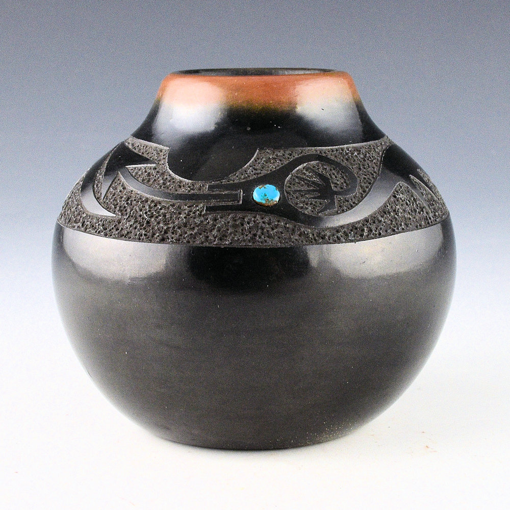 Tse-Pe & Dora - Black & Sienna Jar with Avanyu and Turquoise (1973)