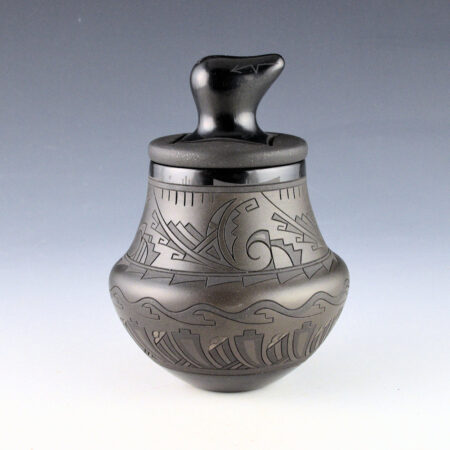 Alternative view of Curran, Dolores - "Poly-Tonal" Water Jar with Rain Clouds, Avanyu and Bear Lid