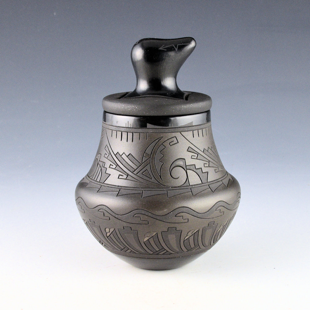 Curran, Dolores - "Poly-Tonal" Water Jar with Rain Clouds, Avanyu and Bear Lid - Image 2