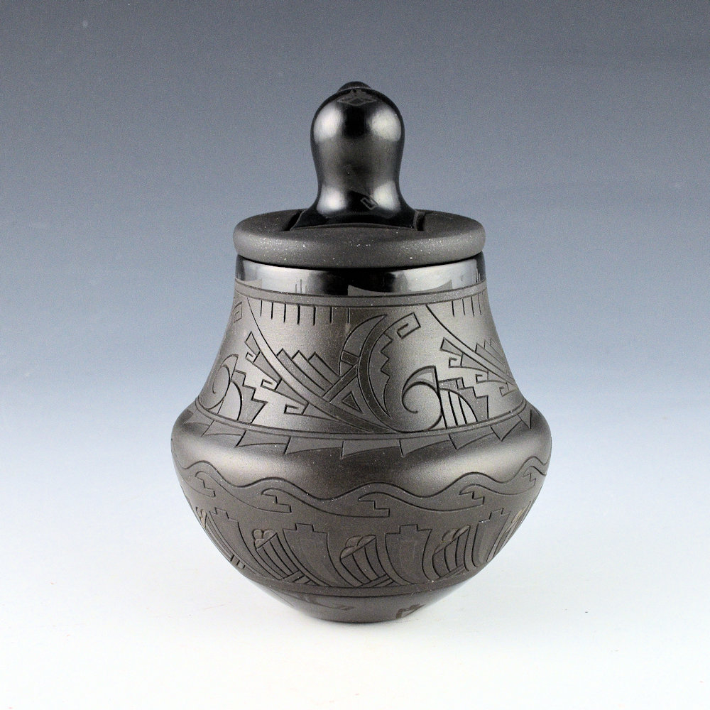 Curran, Dolores - "Poly-Tonal" Water Jar with Rain Clouds, Avanyu and Bear Lid - Image 4