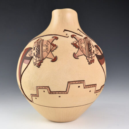 Nampeyo, Loren Hamilton - 7" Tall Jar with Double Shalako Katsinas and Pueblo Scene