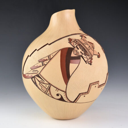 Alternative view of Nampeyo, Loren Hamilton - 7" Tall Jar with Double Shalako Katsinas and Pueblo Scene