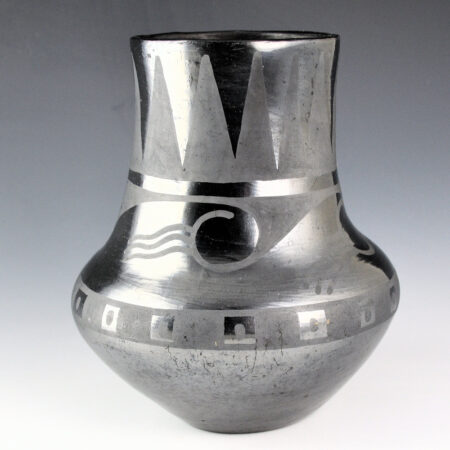 Martinez, Maria - Gunmetal Jar with Mountains, Clouds, Rain, and Corn Designs "Marie" (1920s)