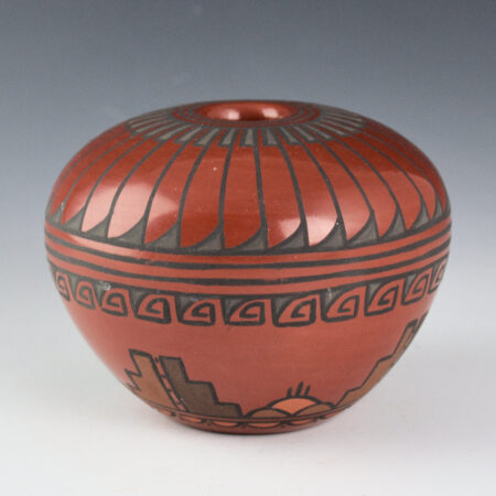 Alternative view of Vigil, Minnie - Red Polychrome Bowl with 33 Feathers and Rain Clouds