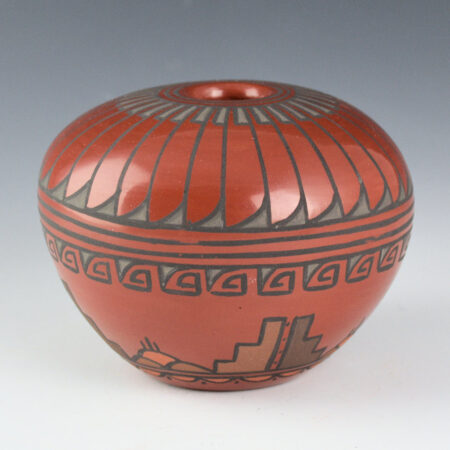 Vigil, Minnie - Red Polychrome Bowl with 33 Feathers and Rain Clouds
