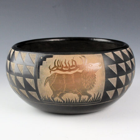 Homer, Robert Allen - Black and Sienna Bowl with Realistic and Mimbres Elk (1990)
