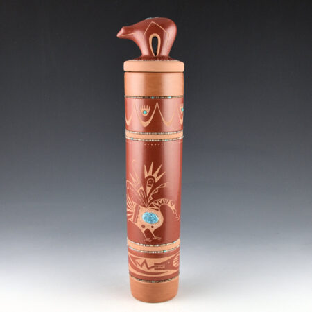 Alternative view of Sanchez, Russell  - 12" Tall Red and Tan Cylindrical Jar with Birds and Heartline Bear Lid (2015)
