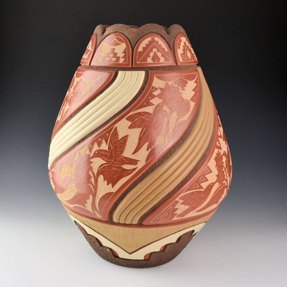 Cajero, Aaron - 13" Tall Jar "Hummingbird Flower" (2012) Ribbons - Image 5