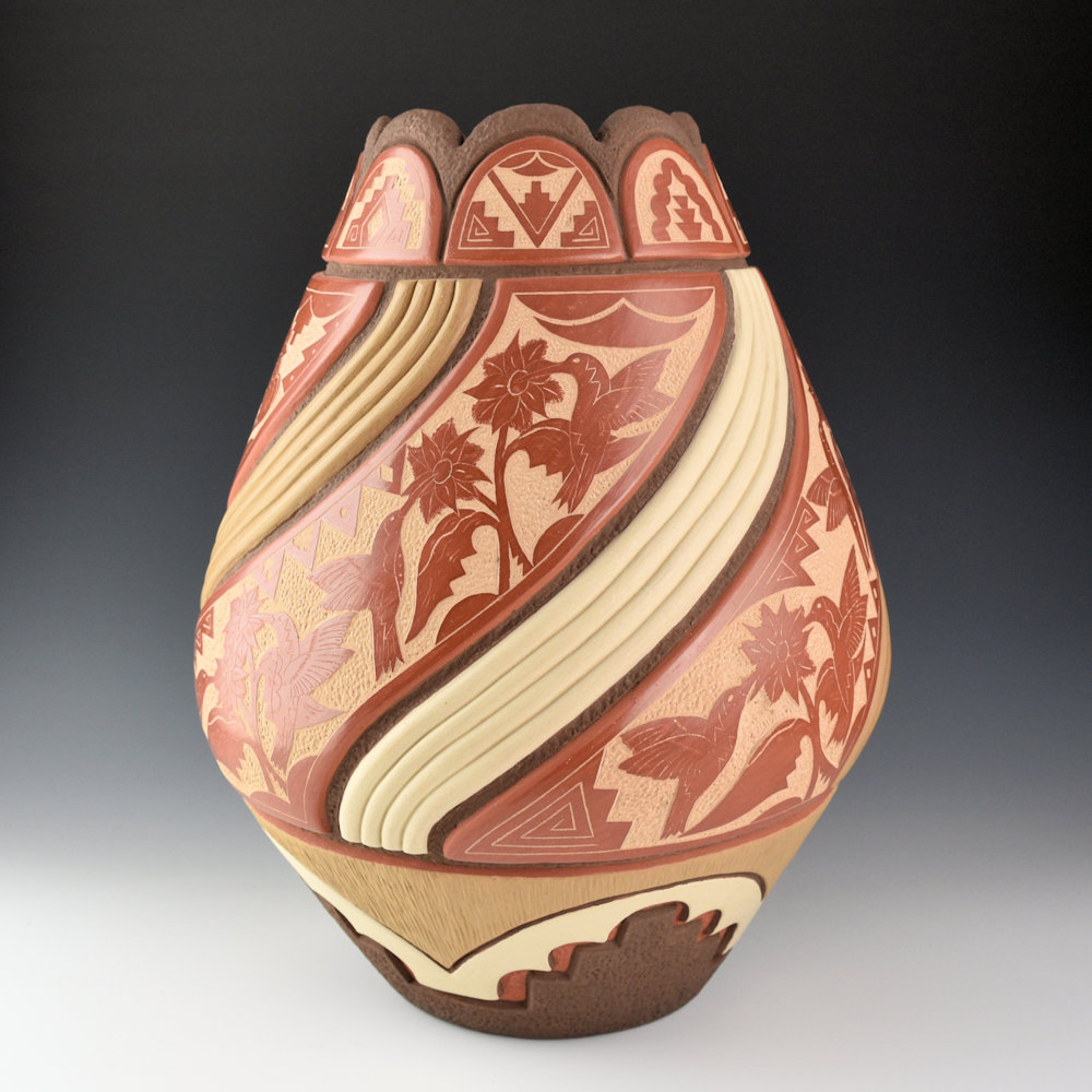 Cajero, Aaron - 13" Tall Jar "Hummingbird Flower" (2012) Ribbons - Image 4