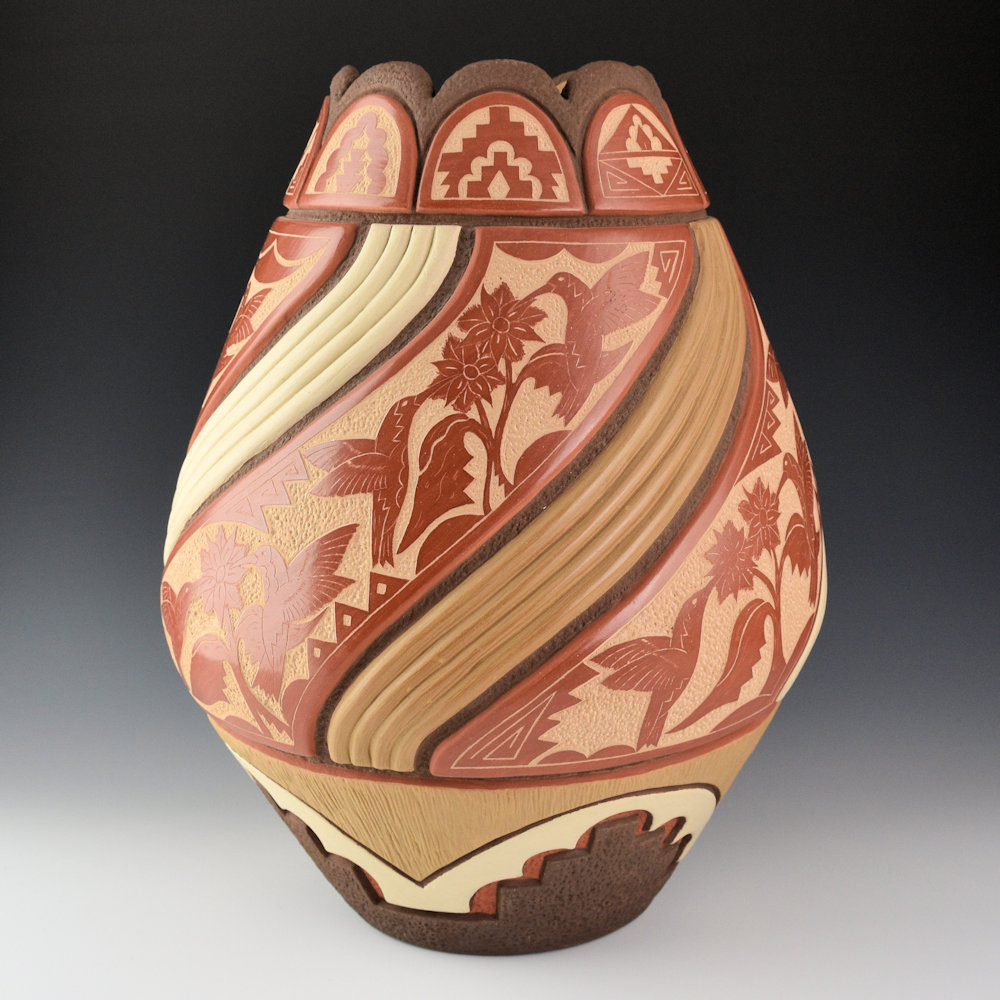 Cajero, Aaron - 13" Tall Jar "Hummingbird Flower" (2012) Ribbons - Image 3
