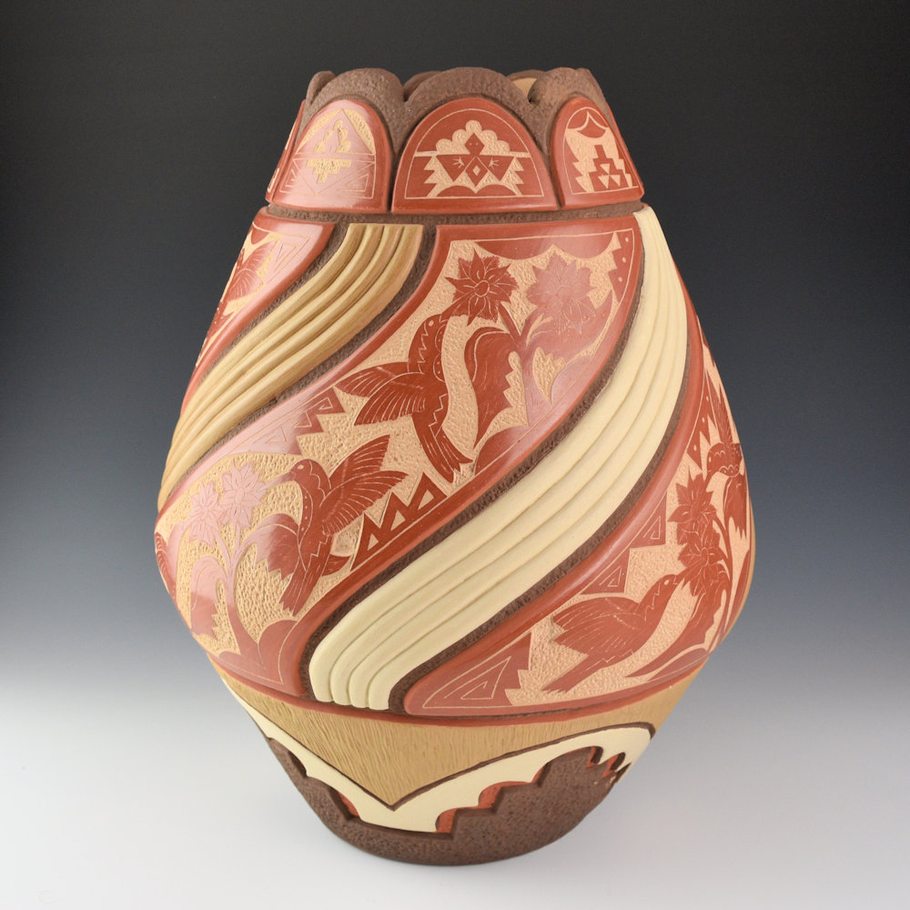 Cajero, Aaron - 13" Tall Jar "Hummingbird Flower" (2012) Ribbons - Image 2