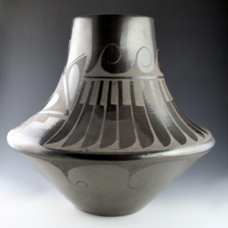 Alternative view of Dunlap, Carmelita - 16" Wide Brown Fired Jar with Feathers and Plant Designs (1982)