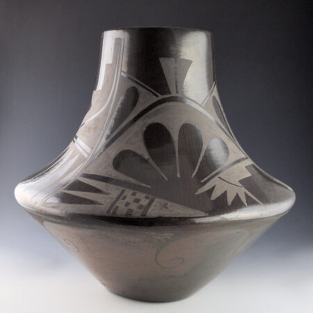 Dunlap, Carmelita - 16" Wide Brown Fired Jar with Feathers and Plant Designs (1982)