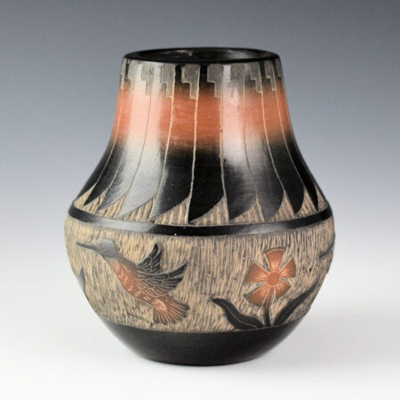 Moquino, Corn - Black and Sienna Jar with Hummingbirds and Flowers (1990s)
