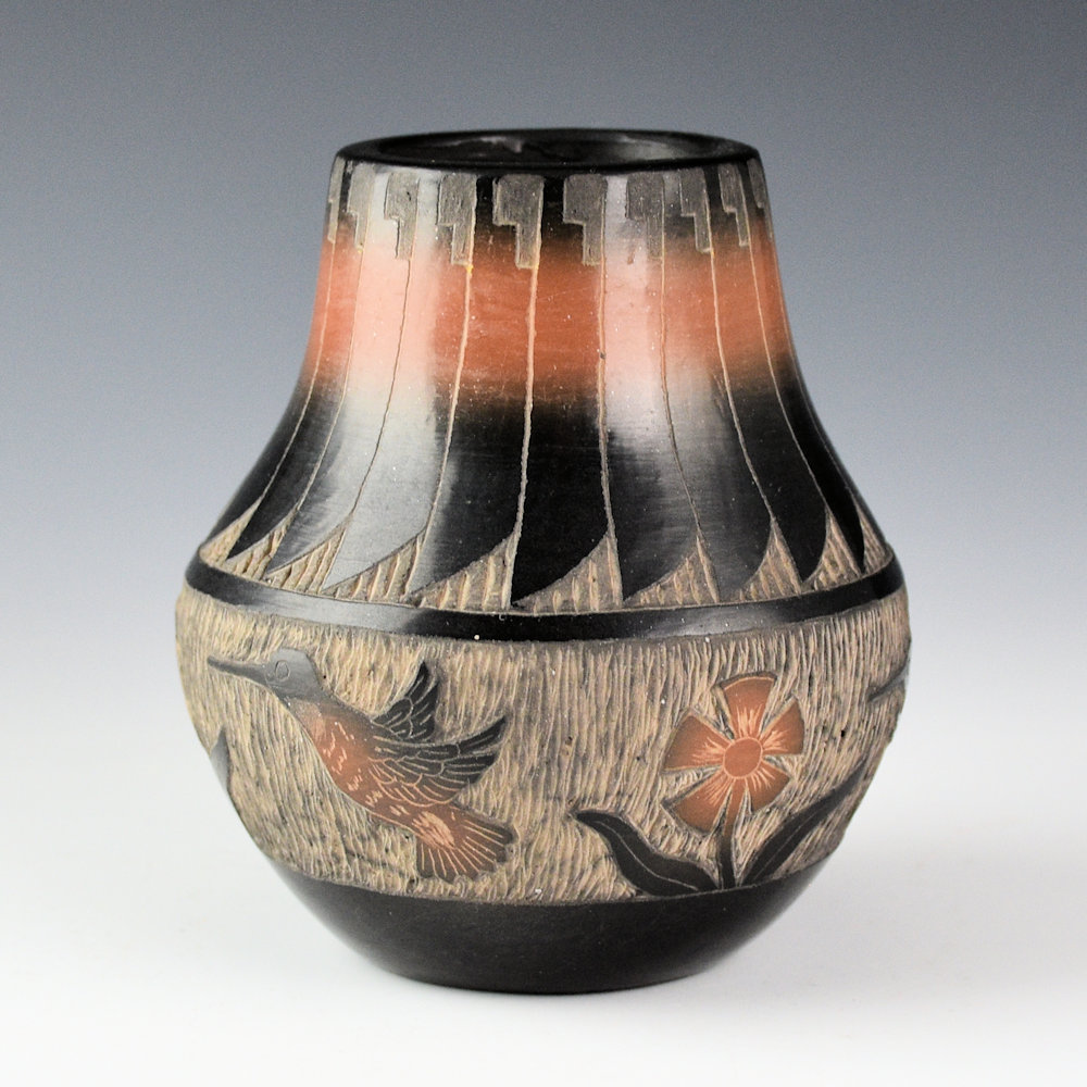 Moquino, Corn - Black and Sienna Jar with Hummingbirds and Flowers (1990s)