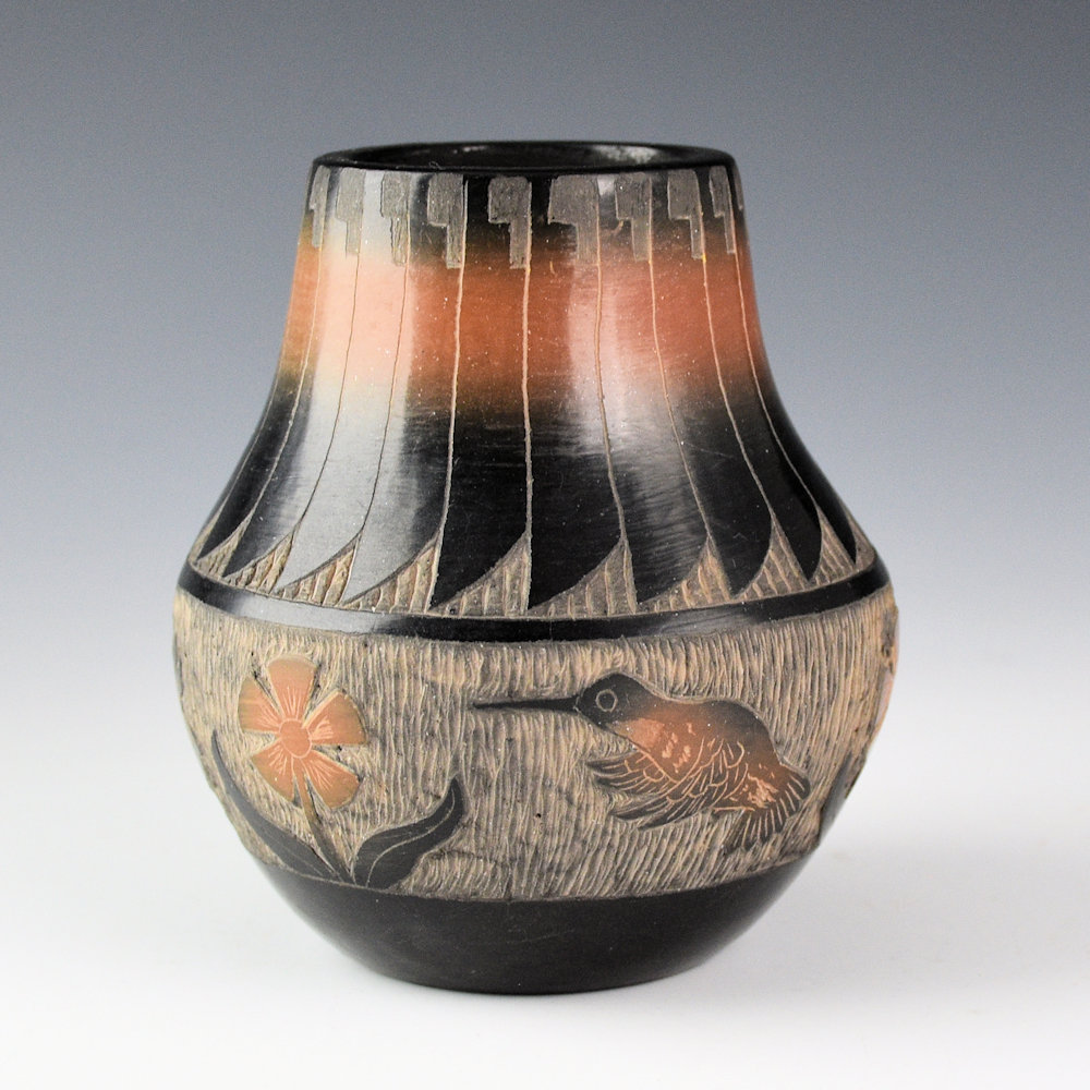Moquino, Corn - Black and Sienna Jar with Hummingbirds and Flowers (1990s) - Image 3