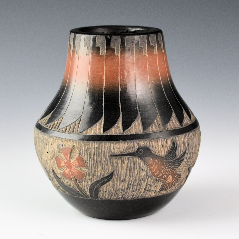 Moquino, Corn - Black and Sienna Jar with Hummingbirds and Flowers (1990s) - Image 2