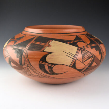Navasie, Eunice "Fawn" - 11.5" Wide Red Jar with Hummingbirds (1970s)