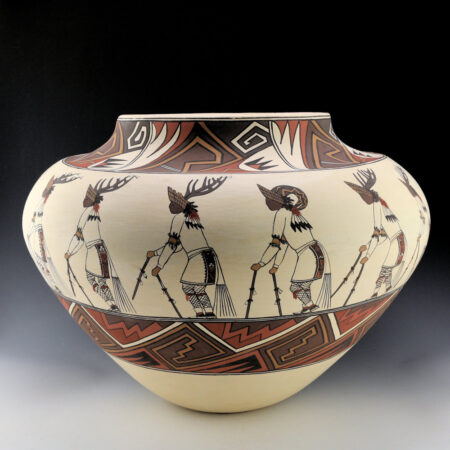Gutierrez, Lois  - 17" Wide Polychrome Storage Jar with Rainbow and 14 Pueblo Dancers (1980s)