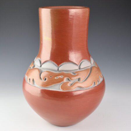 Archuleta,  Mary Ester - Red, Tan and White Jar with Carved Avanyu (1974), Published in Born of Fire p.145