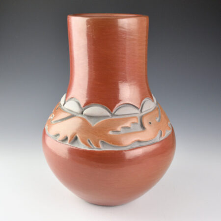 Alternative view of Archuleta,  Mary Ester - Red, Tan and White Jar with Carved Avanyu (1974), Published in Born of Fire p.145