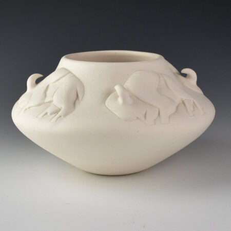 Pahponee - "In a Sacred Manner I Walk" White Bowl with Buffalo in Relief (2000)