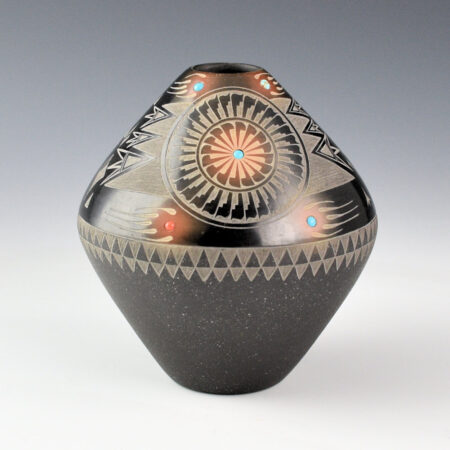 Suazo, Ron - Black and Sienna Jar with Feather Medallions, Turquoise and Coral